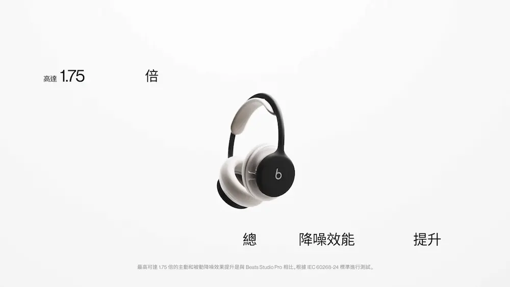 Beats 360亮点1. 主动降噪提升最高1.75 倍,八麦克风系统强化环境噪音处理 1